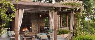 Gazebo with fireplace in country garden design