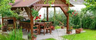 Beautiful wooden gazebo in the landscape of a garden plot